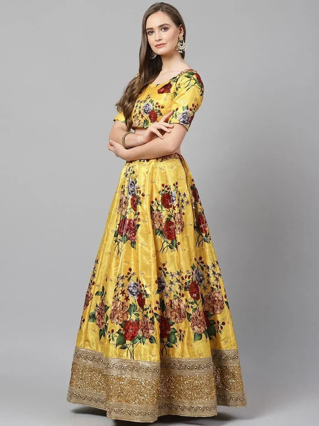 Yellow floral print lehenga choli with gold border, Indian ethnic wear for women