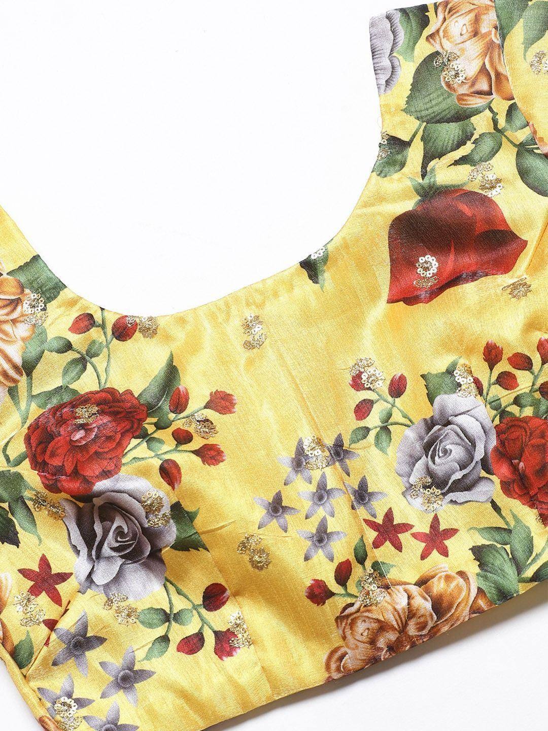 Yellow floral print blouse with red, grey, and gold rose embroidery for ethnic wear
