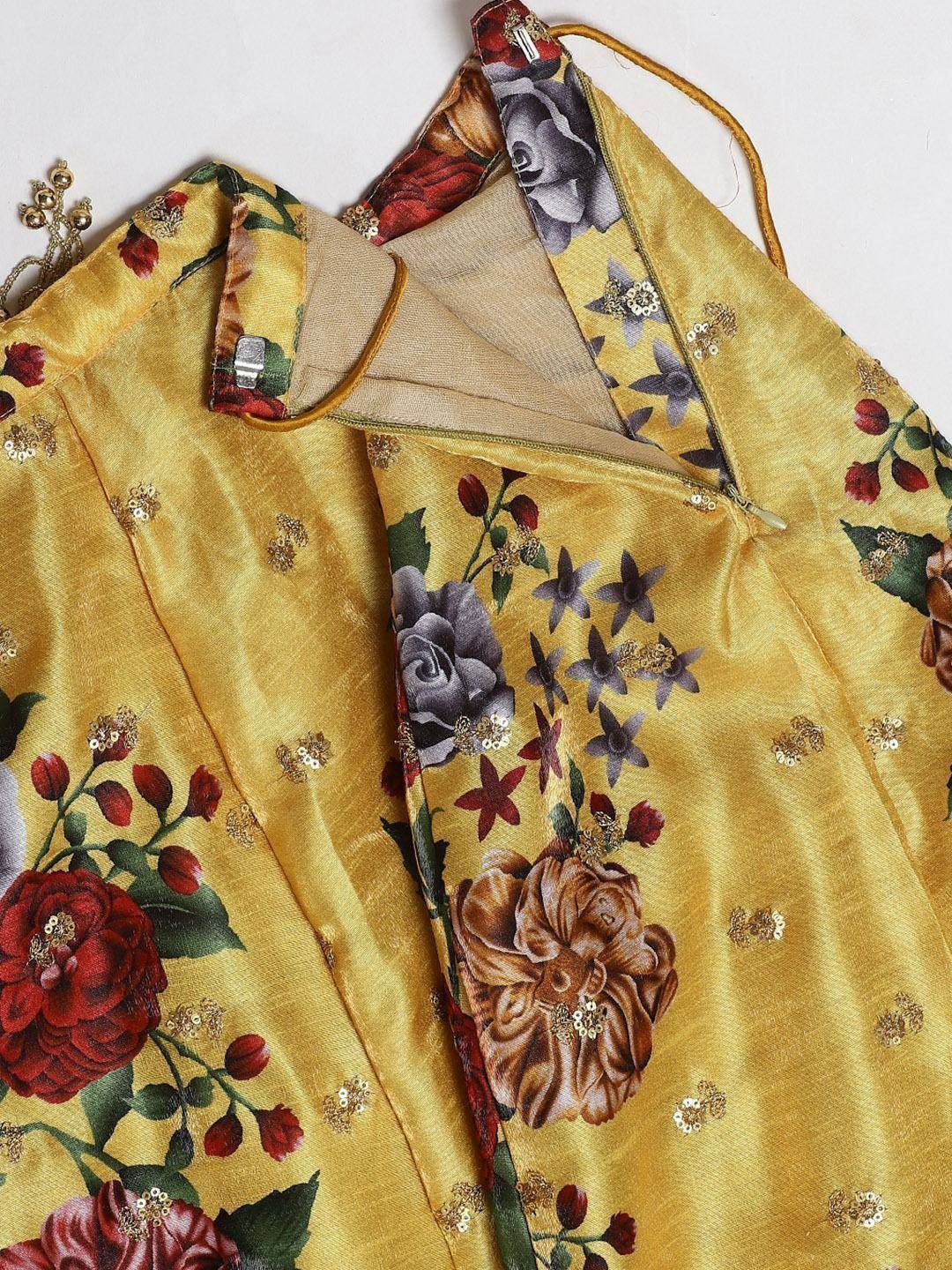 Yellow floral ethnic gown with sequin embroidery and rose print, ideal for Indian occasions