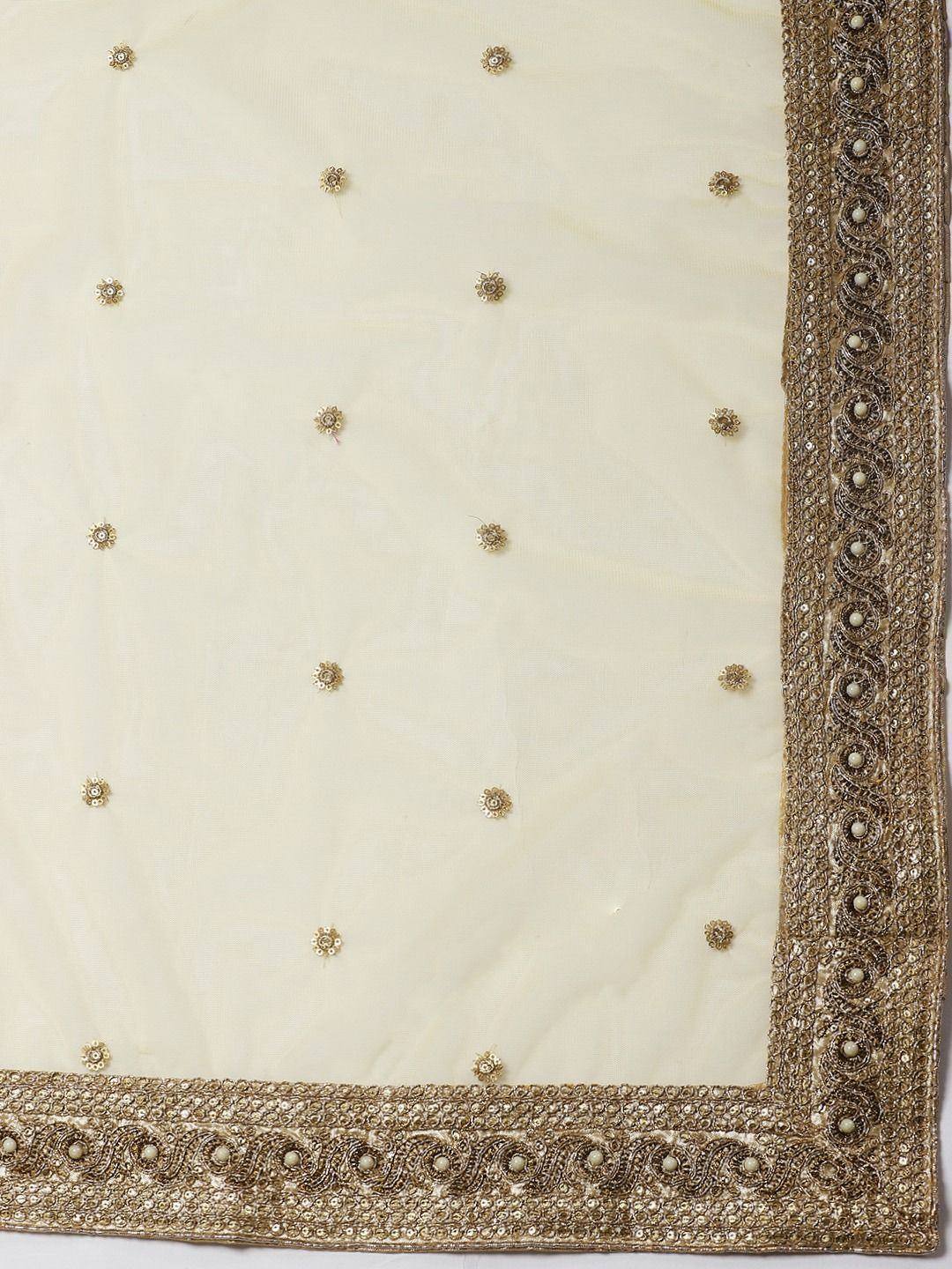 Cream ethnic dupatta with gold floral embroidery and intricate border detailing
