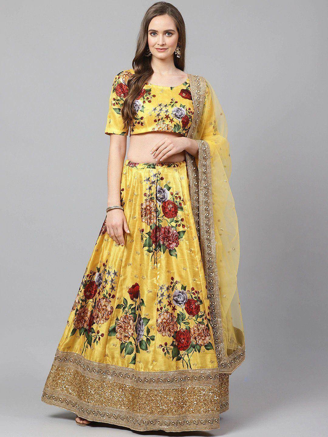 Yellow floral lehenga choli with gold border and dupatta, Indian ethnic wear for women