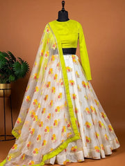Lavish White Floral Woven Organza Party Lehenga With Green Choli