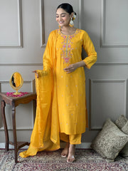Adorable Yellow Color Embroidered Chanderi Silk Event Wear Pant Suit