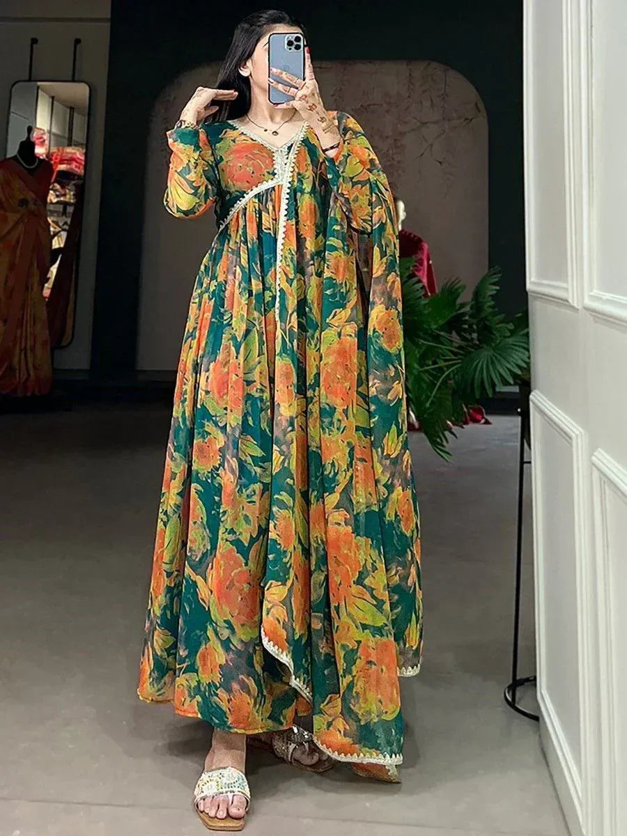 Floral print ethnic gown with V-neck and lace trim, perfect for Indian occasions