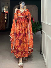 Stunning Orange Floral Printed Georgette Event Wear Gown With Dupatta