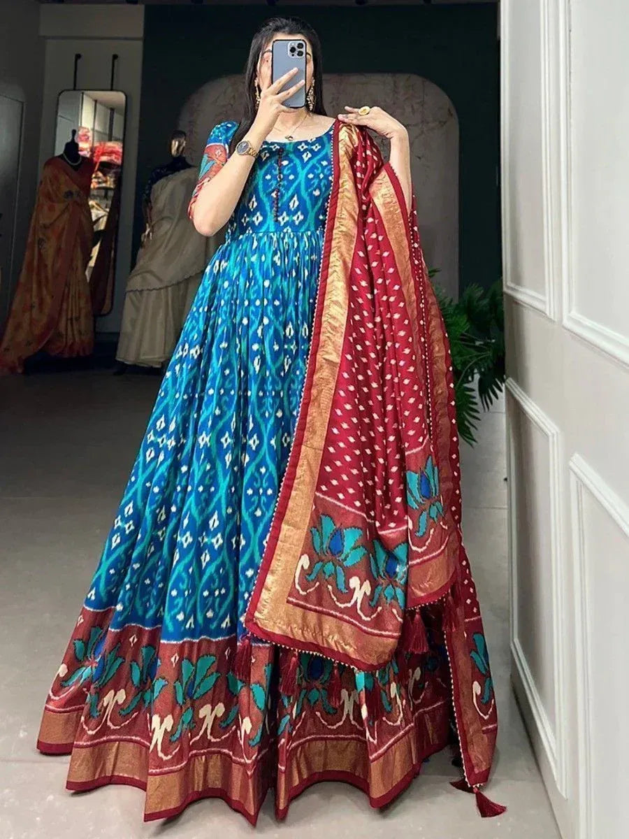 Blue and red printed anarkali gown with floral border, perfect for Indian ethnic occasions