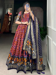 Incredible Wine Patola Printed Silk Event Wear Gown With Dupatta