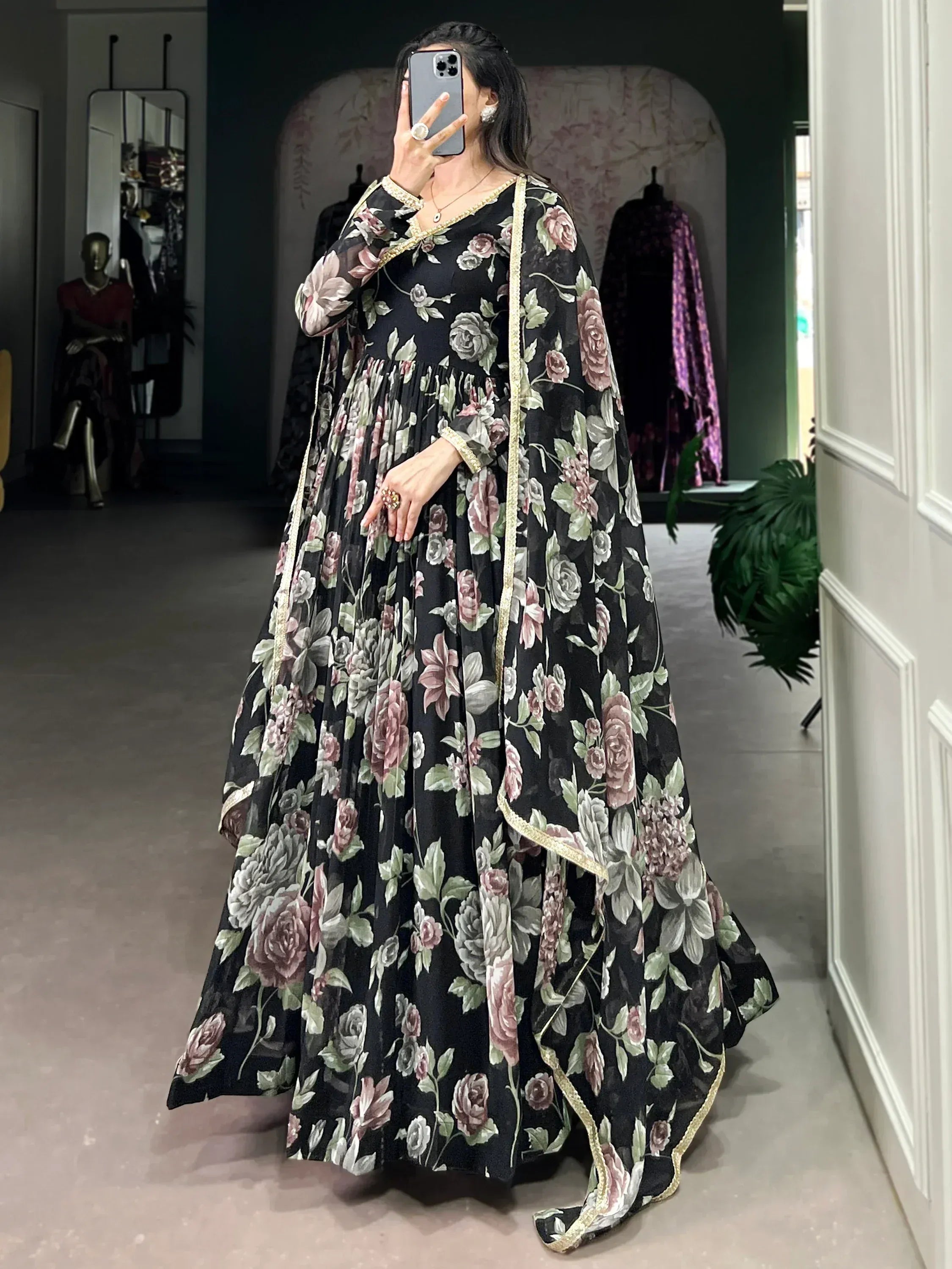 Black floral anarkali gown with gold trim, Indian ethnic wear for women