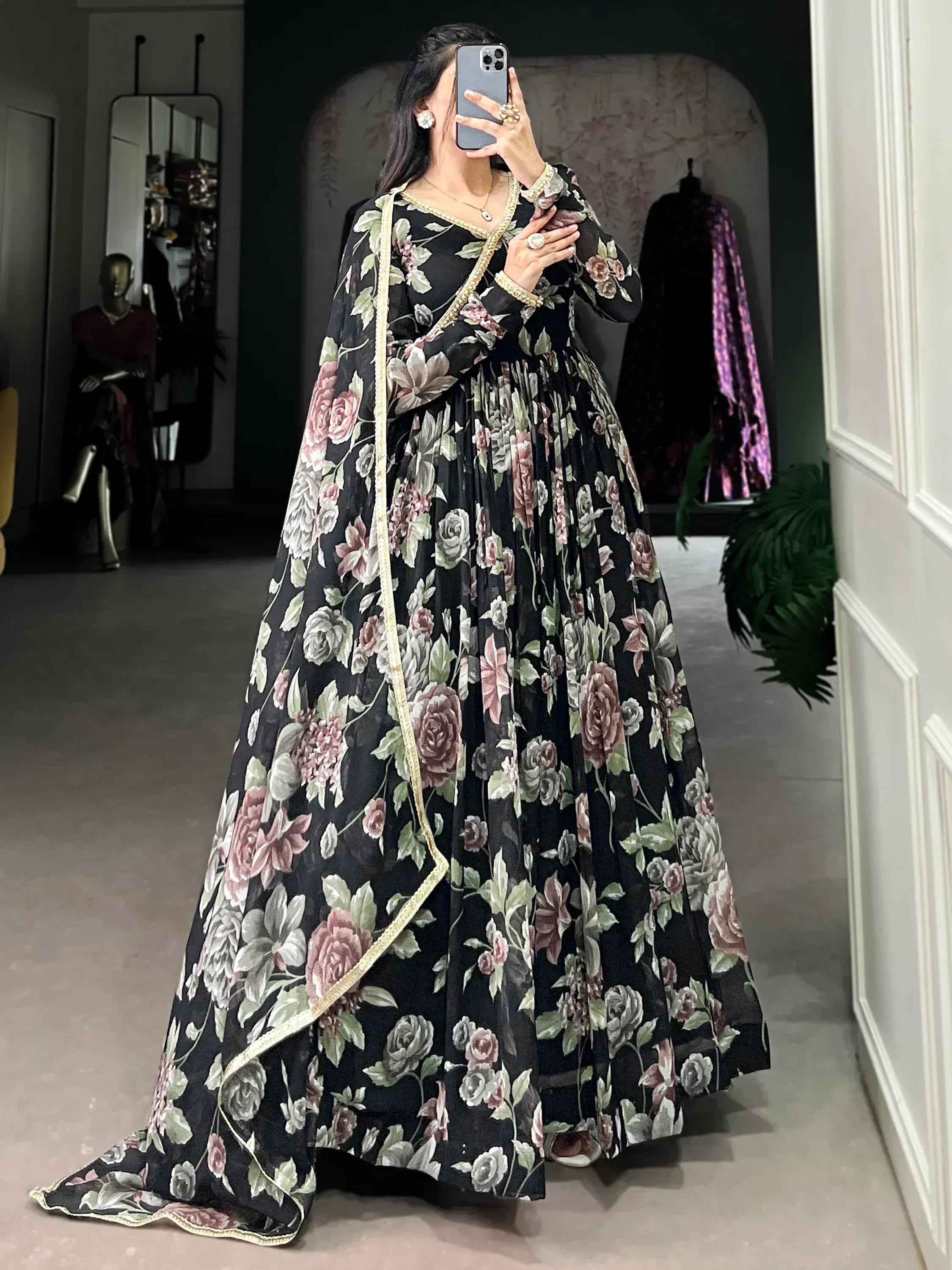 Black floral anarkali gown with gold trim, perfect for Indian ethnic wear occasions