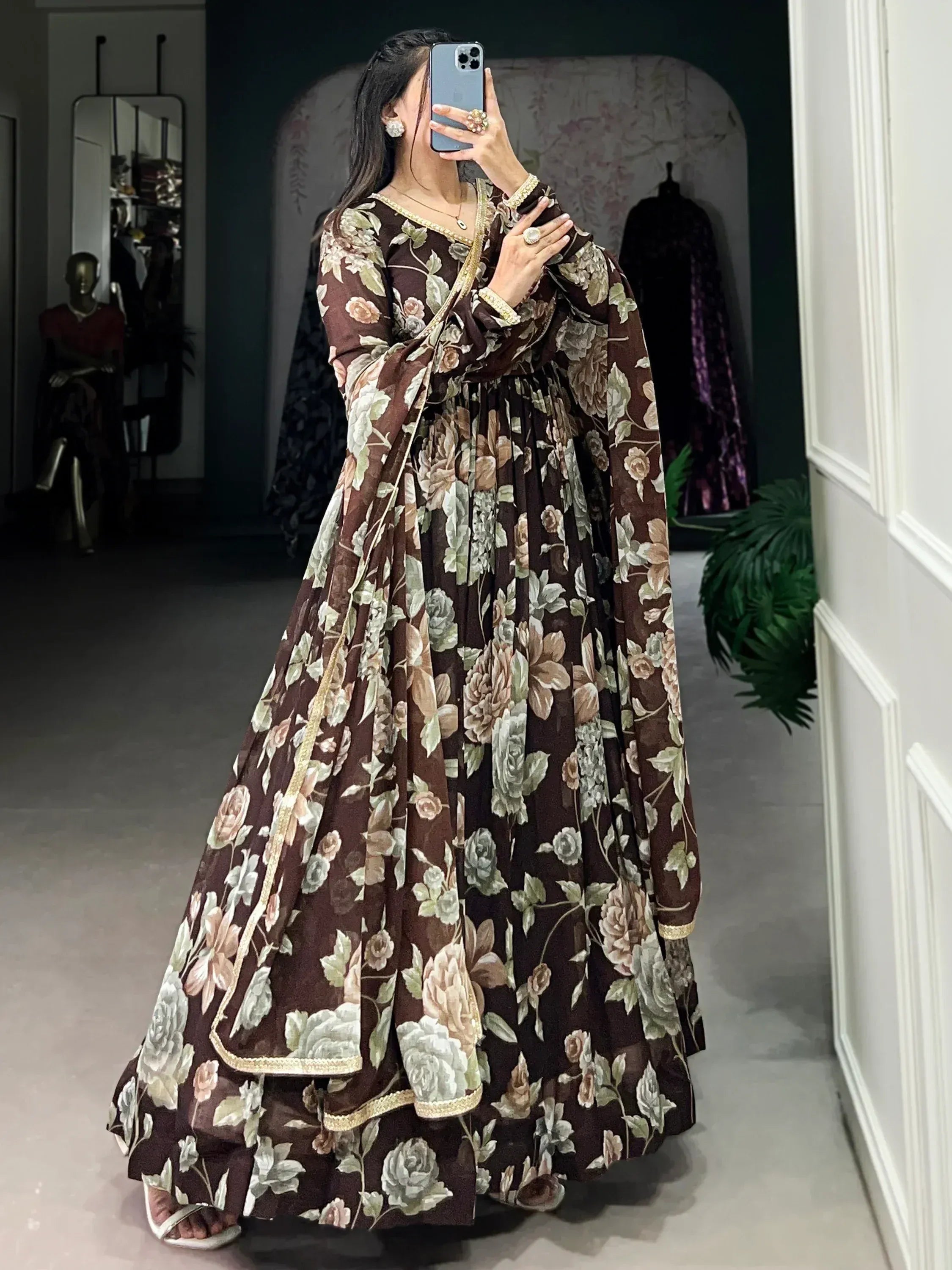 Brown floral print Indian anarkali suit with gold trim, perfect for ethnic occasions