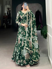 Adorable Green Floral Printed Georgette Evening Wear Gown
