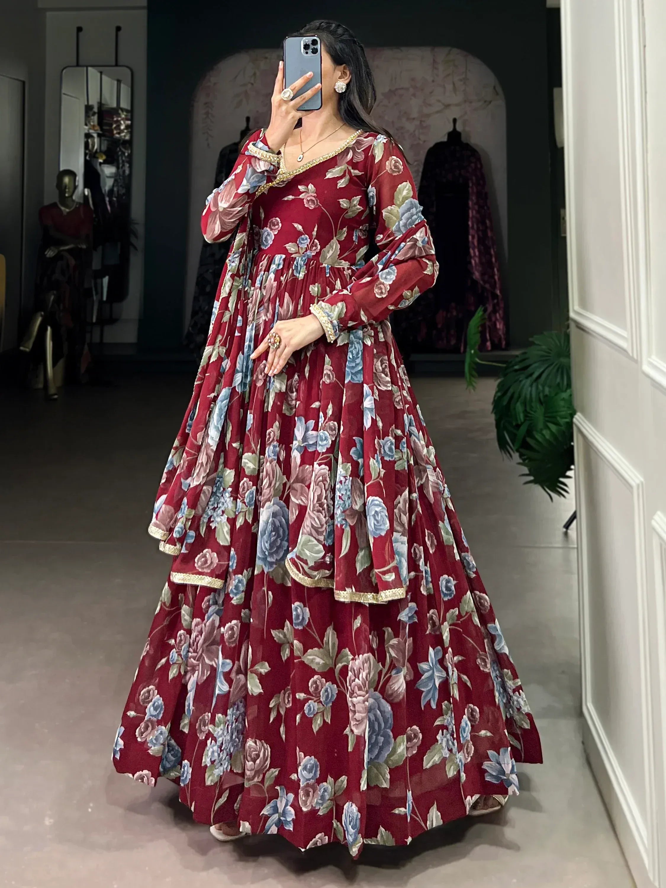 Maroon floral anarkali gown with gold trim, Indian ethnic wear for women