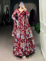 Stunning Maroon Floral Printed Georgette Festival Wear Gown