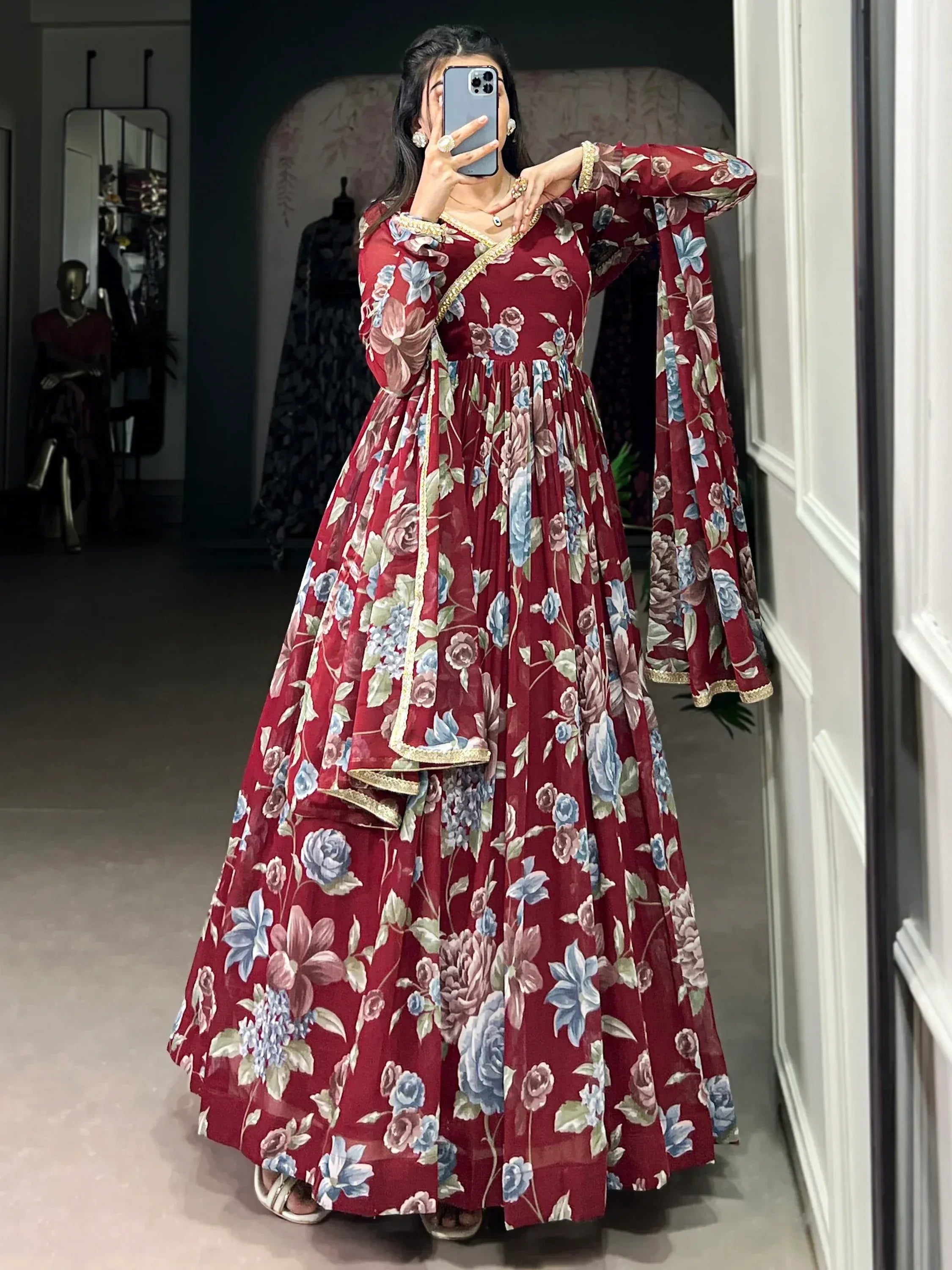 Maroon floral anarkali gown with bell sleeves, perfect for Indian ethnic wear occasions