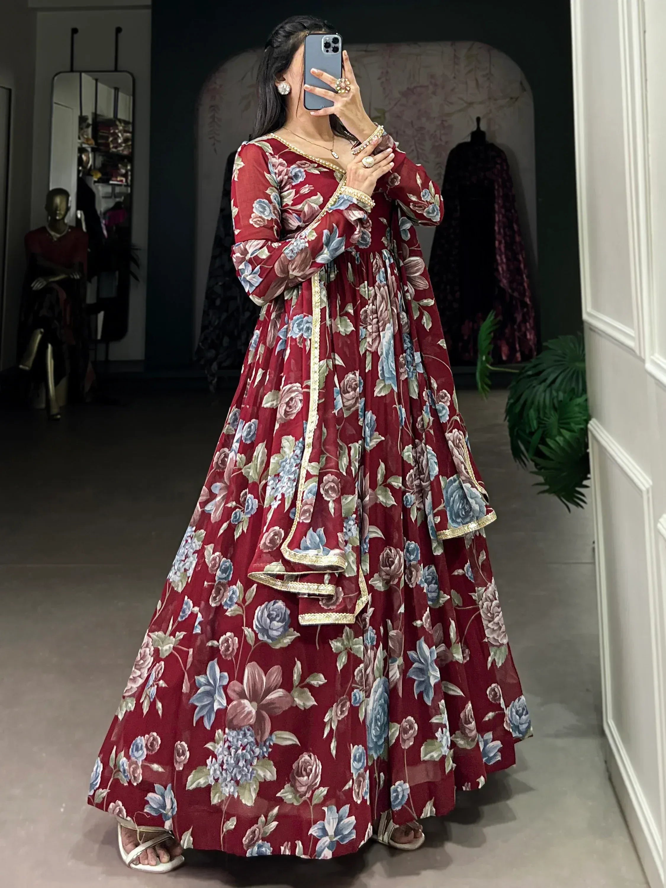 Maroon floral anarkali with gold trim, Indian ethnic wear for women