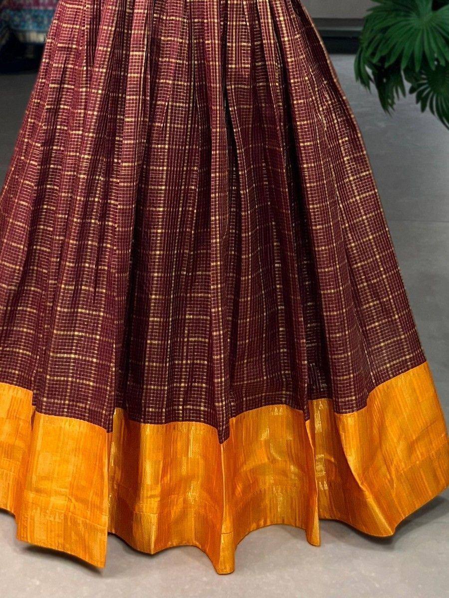 Maroon and gold checkered lehenga skirt with pleats and border, Indian ethnic wear