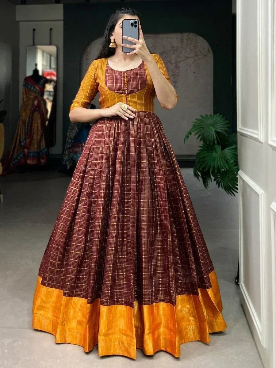 Maroon and mustard plaid ethnic gown with flared skirt, perfect for Indian festive occasions