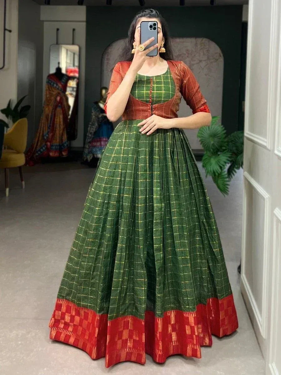 Green plaid lehenga with red border and matching blouse, Indian ethnic wear