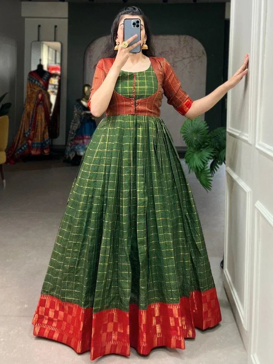 Green and red plaid ethnic gown with pleated skirt, perfect for Indian festive occasions
