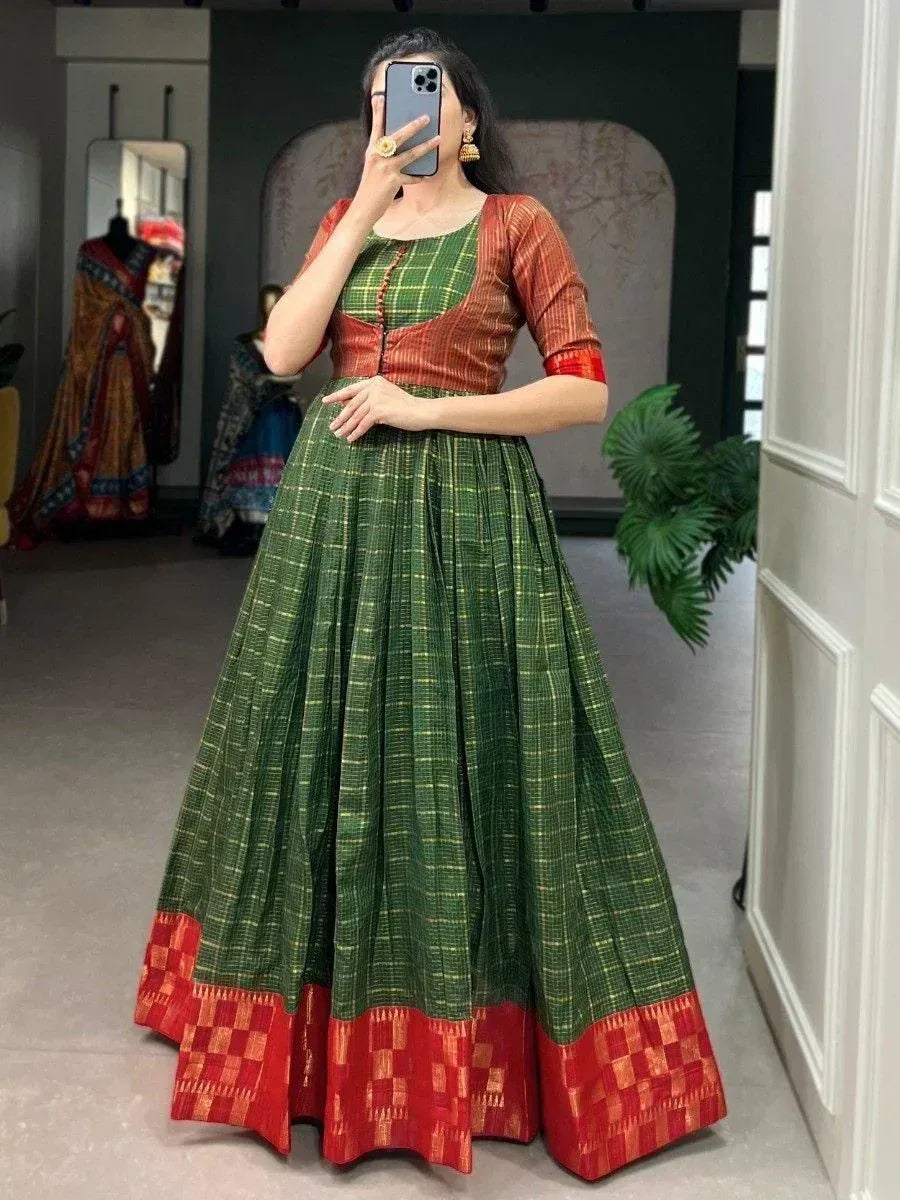Green and red plaid ethnic gown with border, Indian designer wear for women