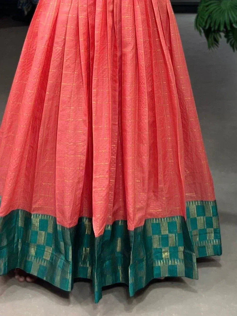 Coral pink pleated lehenga skirt with green checkered border, Indian ethnic wear
