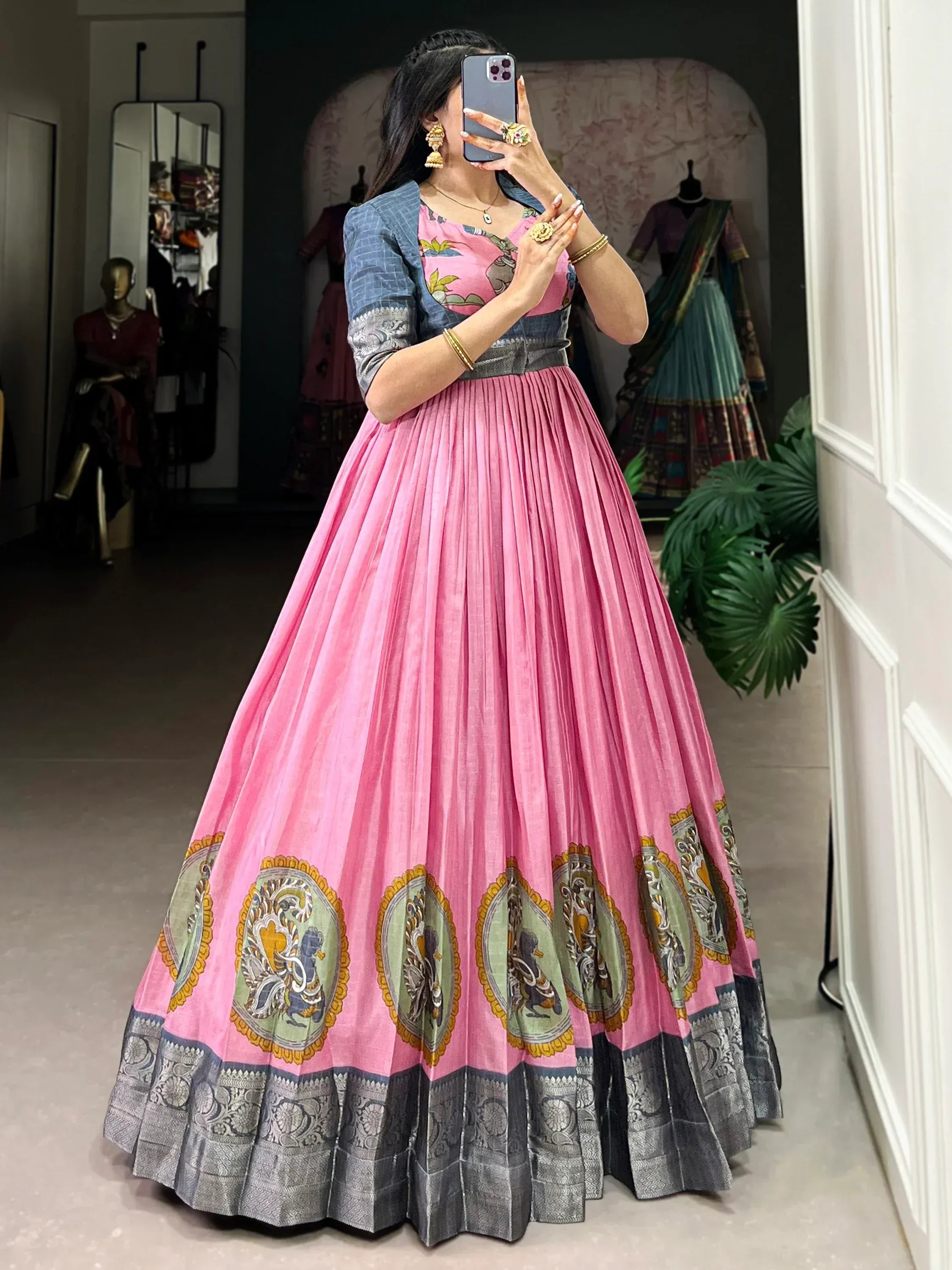 Pink printed lehenga choli with blue blouse, ethnic Indian wear for women