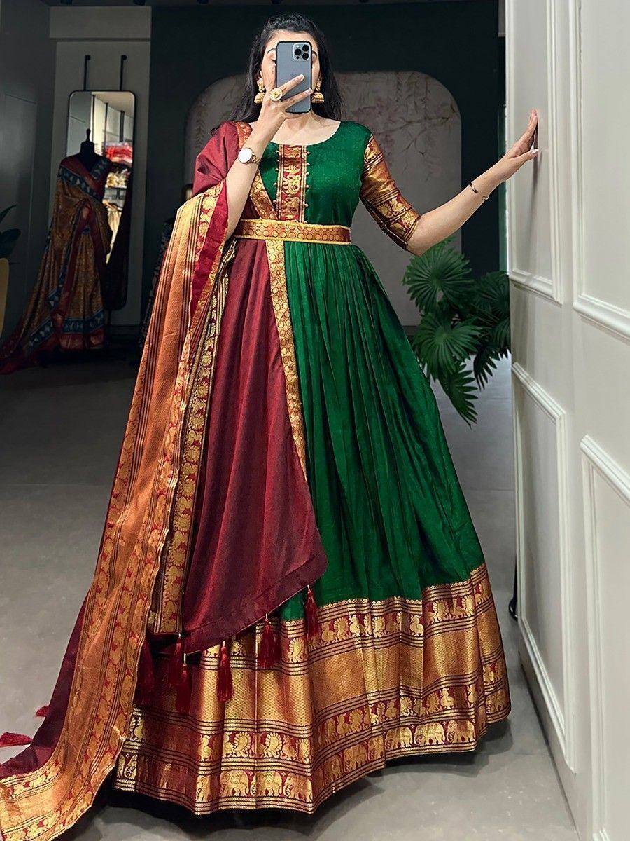 Green and maroon designer anarkali with gold embroidery and dupatta, ethnic Indian wear