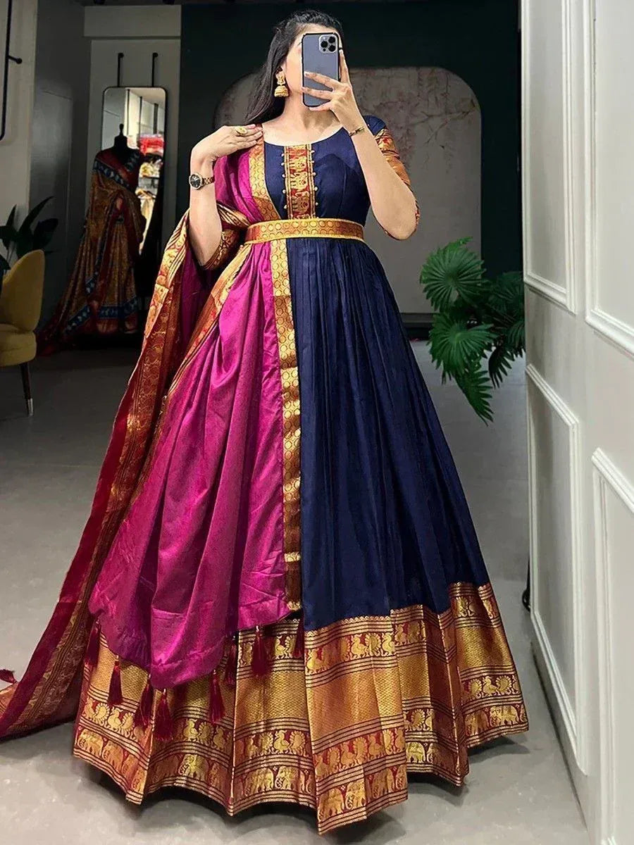 Elegant navy and magenta lehenga choli with gold embroidery, perfect for Indian ethnic wear occasions.