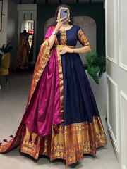 Gorgeous Navy Blue Zari Weaving Cotton Event Wear Gown With Dupatta
