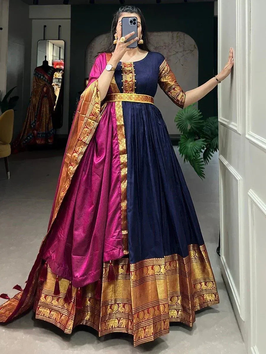 Navy and magenta Indian ethnic gown with gold embroidery, perfect for festive occasions and weddings.