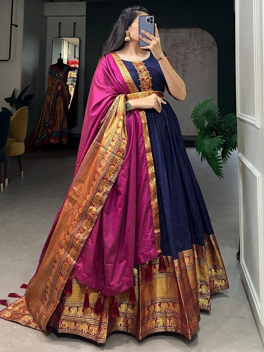 Elegant navy and magenta lehenga choli with gold elephant border, perfect for Indian ethnic occasions