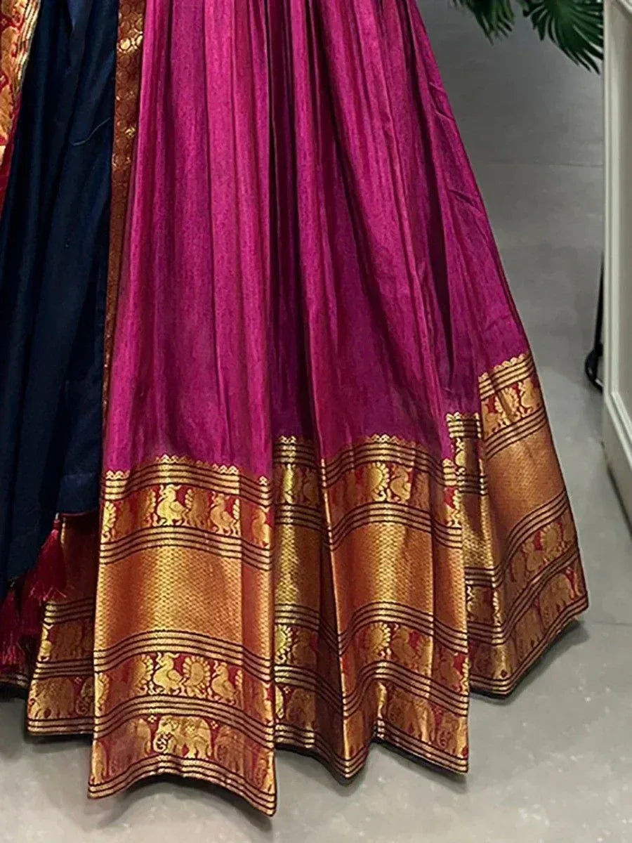 Fuchsia silk lehenga with golden elephant border, Indian ethnic wear