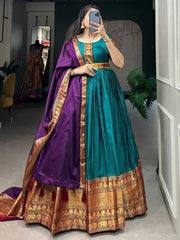 Stunning Teal Blue Zari Weaving Cotton Traditional Gown With Dupatta