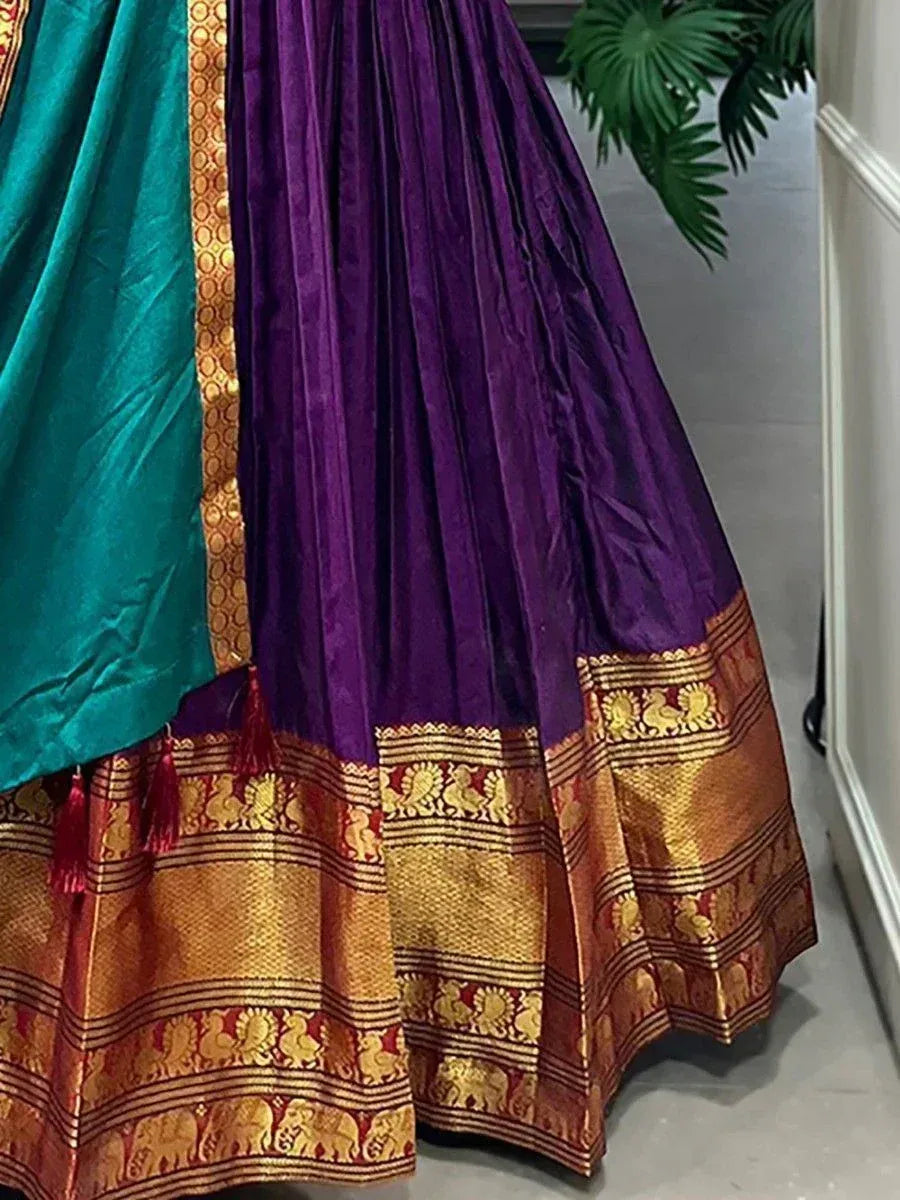 Purple and teal velvet lehenga with gold elephant border, ethnic Indian wear