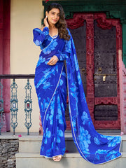 Wonderful Blue Floral Printed Chiffon Office Wear Saree With Blouse