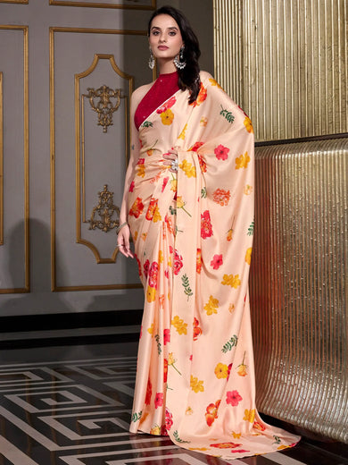 Fantastic Peach Floral Printed Satin Festive Wear Saree With Blouse
