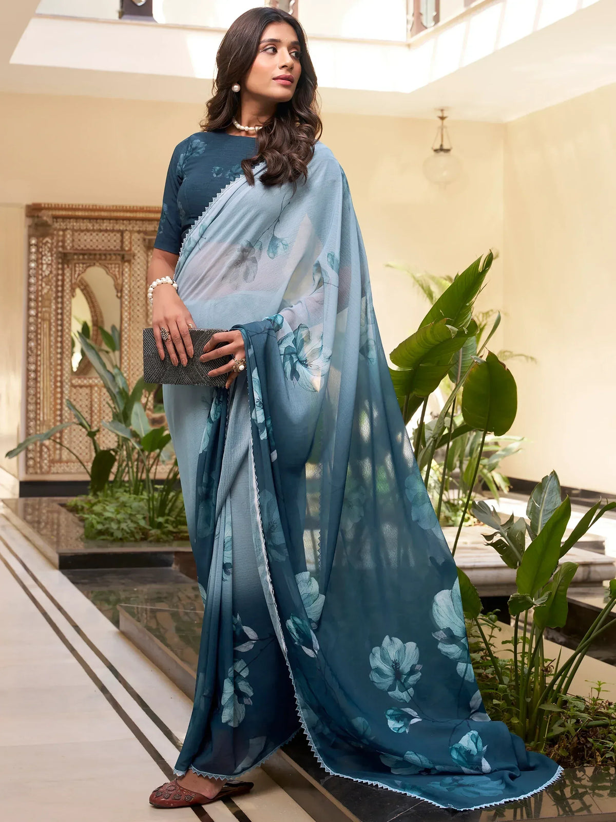 Blue floral print saree with matching blouse, elegant ethnic wear for women
