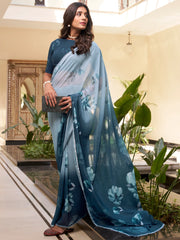 Stunning Teal Blue Floral Printed Chiffon Saree With Blouse