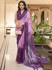 Glamorous Lavender Floral Printed Chiffon Traditional Saree With Blouse