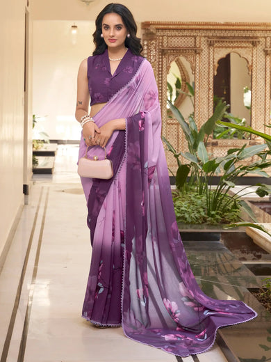 Glamorous Lavender Floral Printed Chiffon Traditional Saree With Blouse