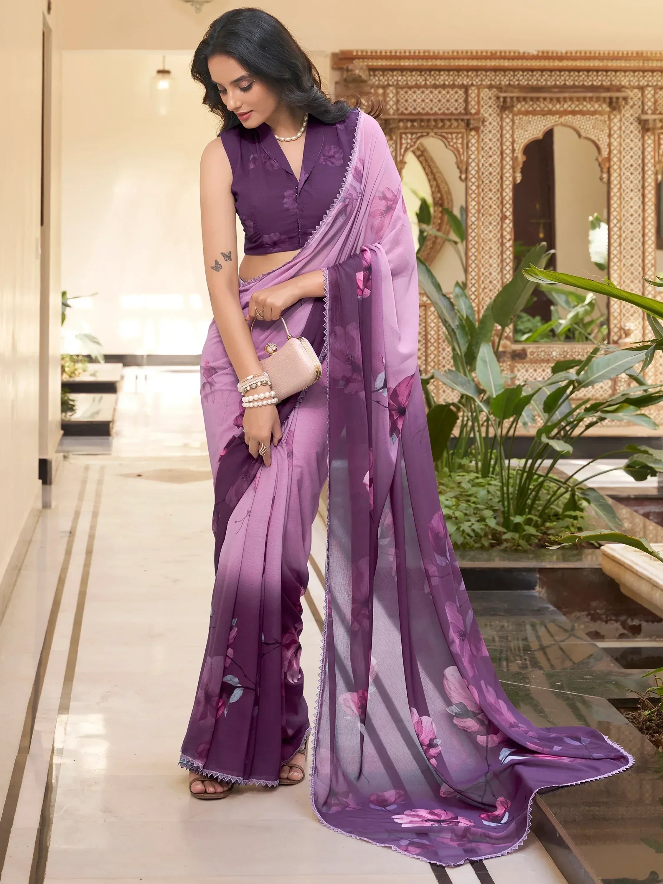 Purple floral printed saree with sleeveless blouse, ethnic Indian wear for women