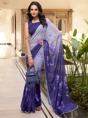 Gorgeous Purple Floral Printed Chiffon Casual Wear Saree With Blouse