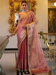 Tantalizing Light Pink Zari Weaving Tissue Silk Casual Wear Saree