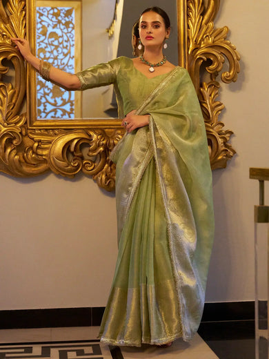 Bewitching Pista Green Zari Weaving Tissue Silk Saree With Blouse