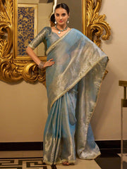 Outstanding Sky Blue Zari Weaving Tissue Silk Festive Wear Saree