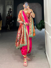 Dazzling Pink Weaving Nauvari Bridal Saree With Orange Dupatta