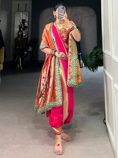 Dazzling Pink Weaving Nauvari Bridal Saree With Orange Dupatta