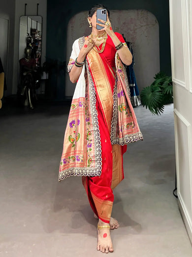 Spectacular Red Jacquard Nauvari Bridal Paithani Saree With Dupatta