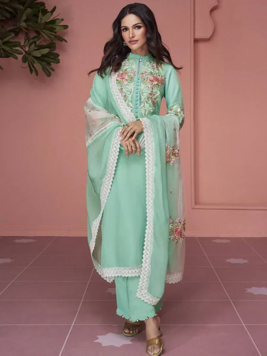 Mint green embroidered salwar kameez with lace dupatta, perfect for Indian ethnic wear occasions