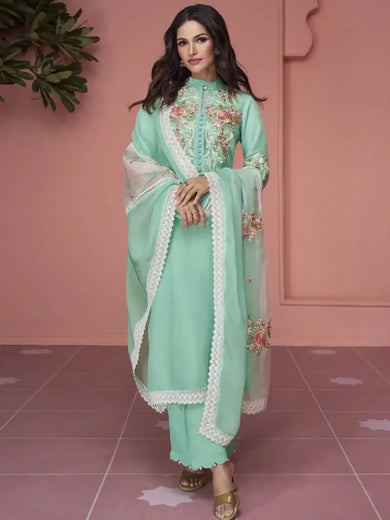 Enchanting Sea Green Embroidered Organza Festival Wear Salwar Suit